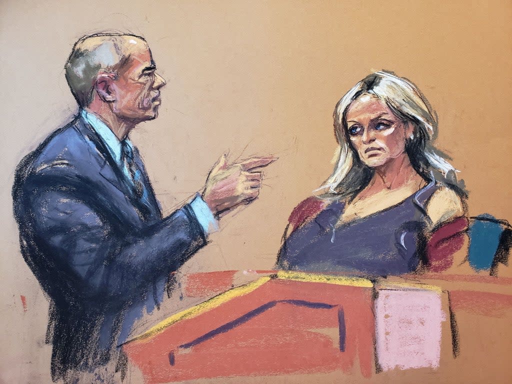 Michael Avenatti, representing himself, cross-examines Stormy Daniels during his criminal trial in New York (Reuters)