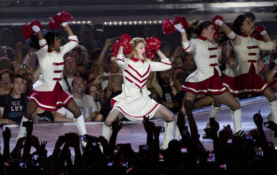 U.S pop icon Madonna performs at the Ramat Gan stadium near Tel Aviv, Israel,Thursday, May 31, 2012. Pop music star Madonna is kicking off her new world tour in front of tens of thousands of ecstatic fans in Israel. (AP Photo/Ariel Schalit)