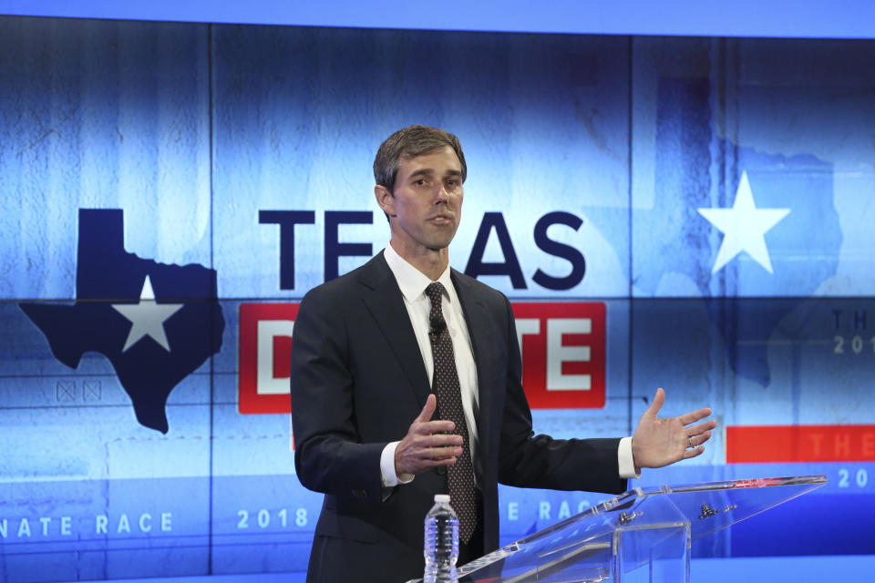 U.S. Rep. Beto O'Rourke, D-Texas, takes part in a debate for the Texas U.S. Senate with U.S. Sen. Ted Cruz, R-Texas, Tuesday, Oct. 16, 2018, in San Antonio. (Tom Reel/San Antonio Express-News via AP, Pool)