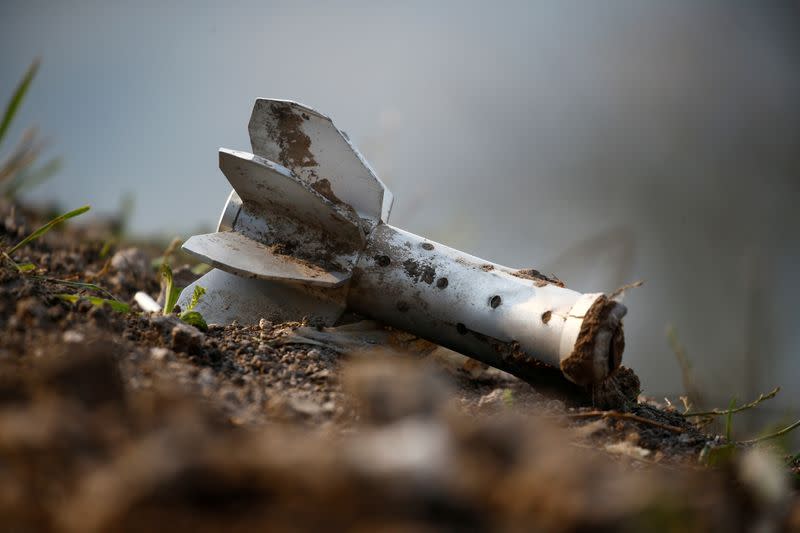 FILE PHOTO: A view shows a fragment of an artillery shell at the fighting positions of ethnic Armenian soldiers on the front line in Nagorno-Karabakh