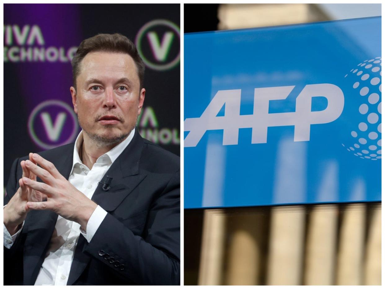 Elon Musk in a black suit clasps his hands on stage at the VivaTech conference, and the white-on-blue AFP logo displayed on a TV screen