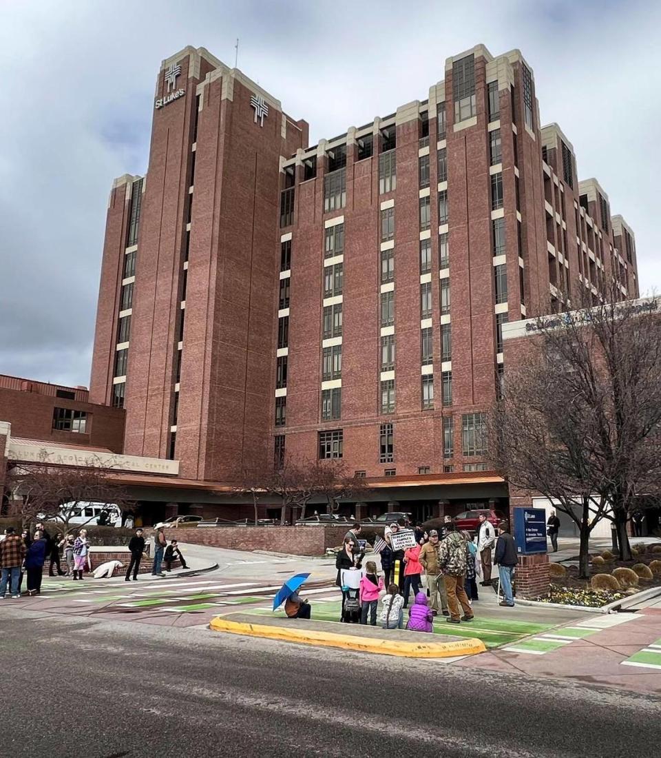Protesters gathered outside of St. Luke’s Boise Medical Center in downtown Boise in March 2022.