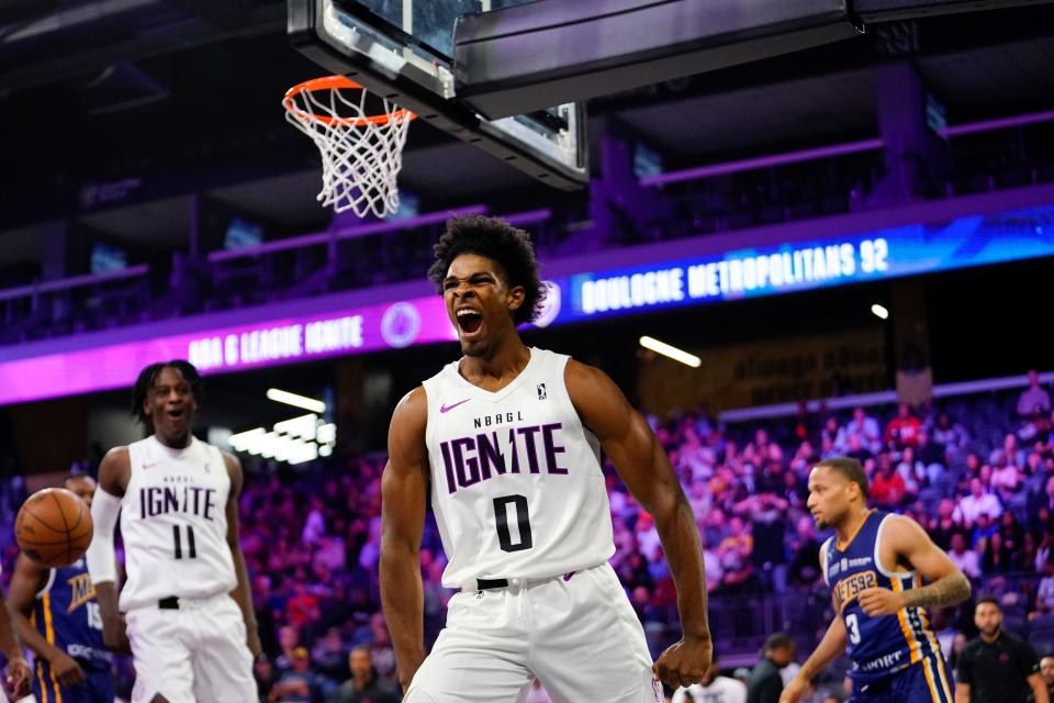 NBA G League Ignite guard Scoot Henderson reacts after scoring a layup against the Boulogne-Levallois Metropolitans 92, Oct. 4, 2022 in Henderson, Las Vegas.