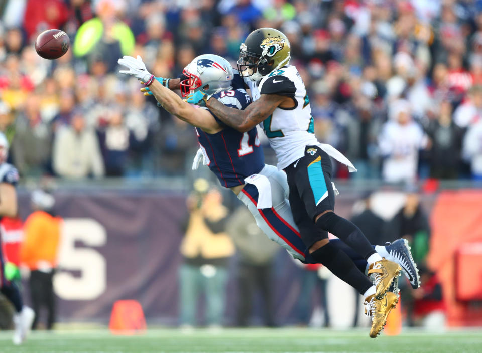 <p>Jacksonville Jaguars cornerback Aaron Colvin (22) breaks up a pass intended for New England Patriots wide receiver Chris Hogan (15) during the second quarter in the AFC Championship Game at Gillette Stadium. Mandatory Credit: Mark J. Rebilas-USA TODAY Sports </p>