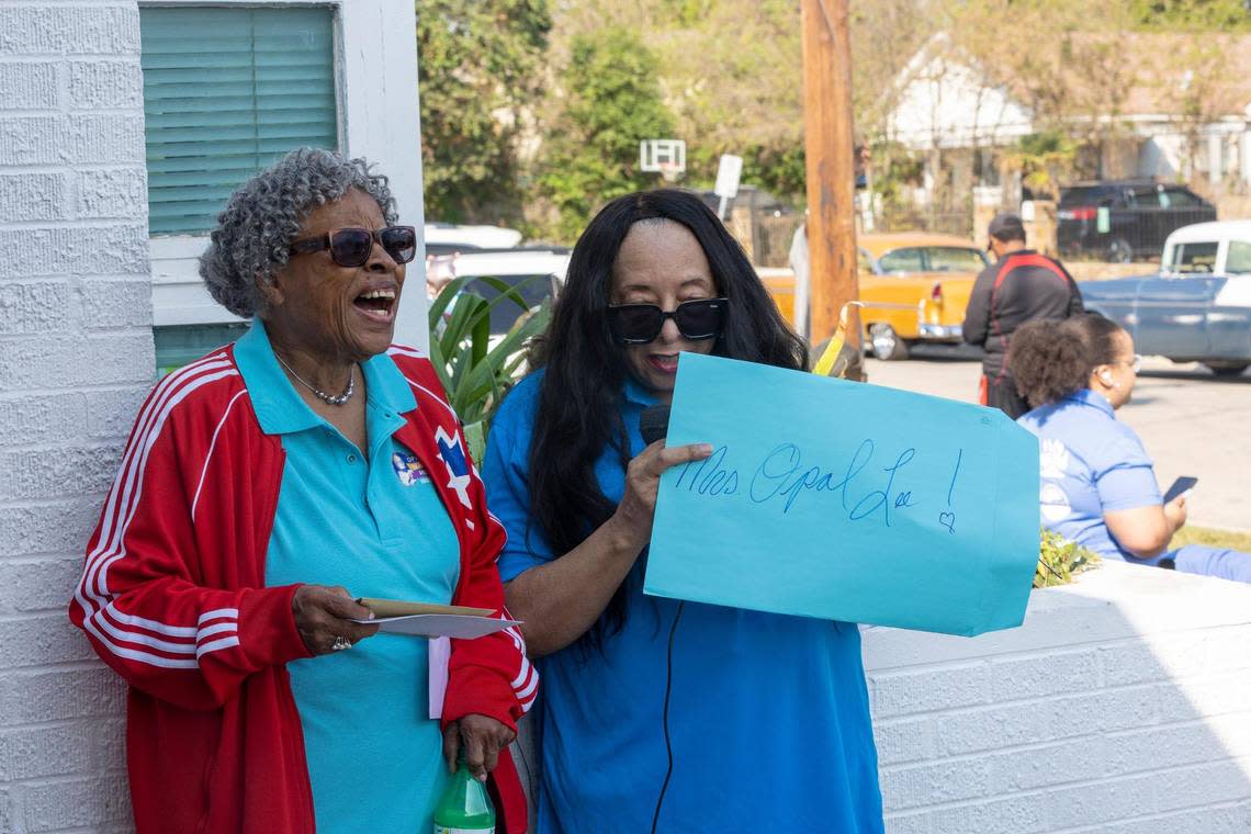 Dr. Gwen Morrison, on the board of the Community Food Bank, presents Opal Lee with birthday cards for her 96th birthday on Saturday, Oct. 8, 2022, in Fort Worth, Texas.