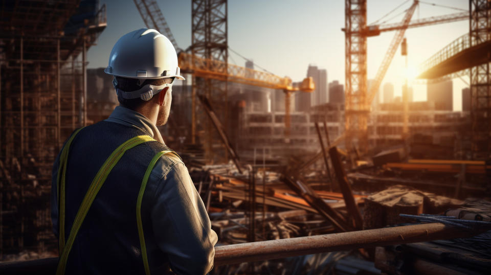 A close-up of an engineer surveying a large-scale construction project.