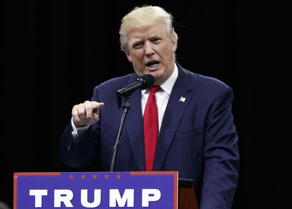 FILE - In this Aug. 1, 2016, file photo, then-Republican presidential candidate Donald Trump speaks during a town hall event in Columbus, Ohio. On the eve of Donald Trump’s inauguration four years later, the authors of the Republican National Committee’s 2013 “Growth and Opportunity Project” concede their report is little more than an afterthought. (AP Photo/Evan Vucci, File)