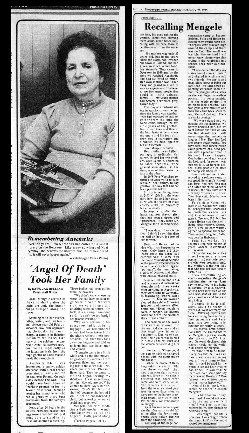 Fela Warschau described her ordeal at Auschwitz Concentration Camp during World War II in this 1985 Sheboygan Press article.