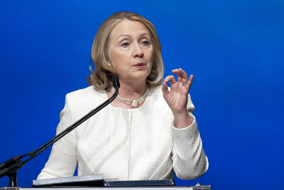 This April 2, 2013, file photo shows former Secretary of State Hillary Rodham Clinton addressing the Vital Voices Global Partnership 2013 Global Leadership Awards gala at the Kennedy Center for the Performing Arts in Washington. Clinton is getting plenty of encouragement to run for president in 2016. Her re-emergence this past week after a two-month break brought out cheering supporters when she gave speeches focused on the issues of women and girls around the world.