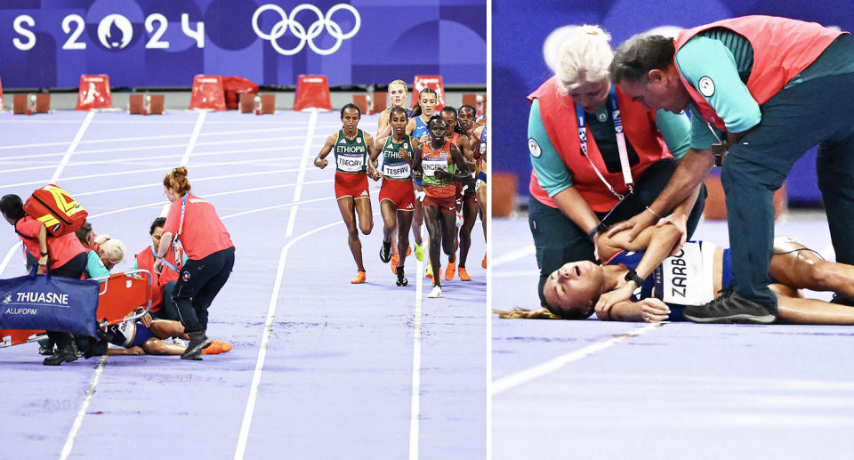 Alessia Zarbo, pictured here after collapsing during the 10,000m final. 