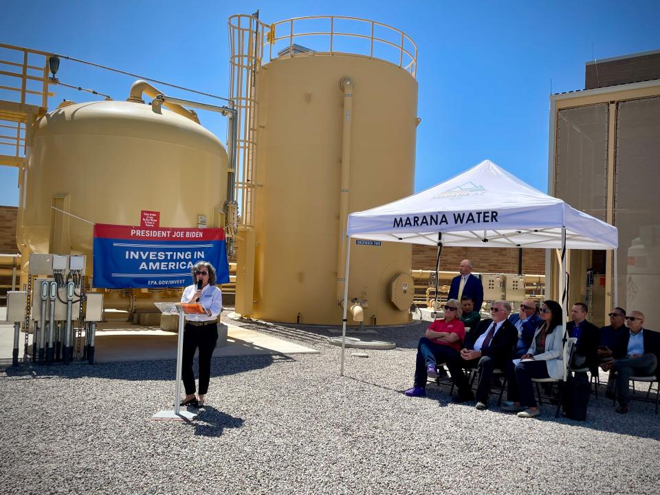 Karen Peters, executive deputy director at Arizona Department of Environmental Quality, gives a speech at a press event on May 2, 2024, in Marana. Local leaders celebrated the new drinking water standards for PFAS substances and federal funding that will help public water systems protect public health.