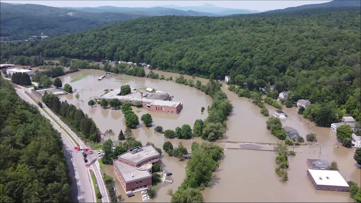 This image made from drone footage provided by the Vermont Agency of Agriculture, Food and Markets shows flooding in Montpelier, Vt., Tuesday, July 11, 2023. (Vermont Agency of Agriculture, Food and Markets via AP)