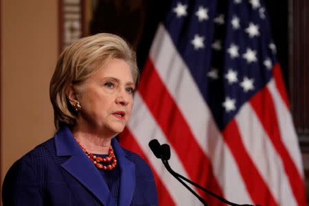 Former Secretary of State Hillary Clinton speaks at the annual Hillary Rodham Clinton awards ceremony at Georgetown University in Washington, U.S., February 5, 2018. REUTERS/Aaron P. Bernstein/Files