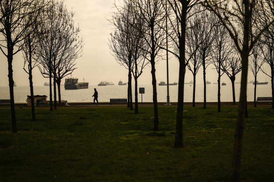 A man walks along a public park near cargo ships anchored at the Marmara sea, in Istanbul, Turkey, Saturday, March 16, 2024. (AP Photo/Emrah Gurel)