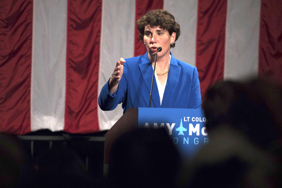 HOLD FOR STORY- FILE - In a Tuesday, Nov. 6, 2018 file photo, Democratic congressional candidate Amy McGrath speaks to supporters in Richmond, Ky. McGrath is seeking the Democratic nomination for U.S. Senate, but could face a stiff challenge from Democratic state Rep. Charles Booker. (AP Photo/Bryan Woolston, File)