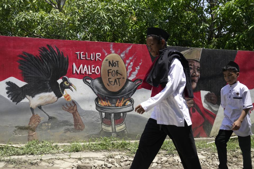 Youths walk past a mural with a message calling for people not to consume maleo eggs in Mamuju, West Sulawesi, Indonesia, Sunday, Oct. 29, 2023. With their habitat dwindling and nesting grounds facing encroachment from human activities, the population of maleo, a critically endangered and declining species that's endemic to Sulawesi and its surrounding islands, have declined by more than 80% since 1980, an expert said. (AP Photo/Dita Alangkara)