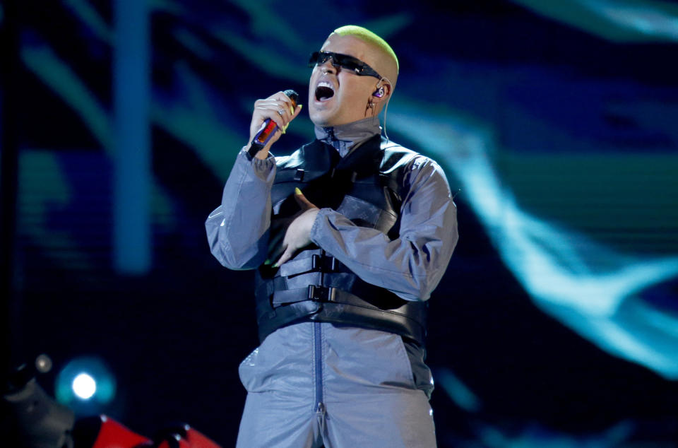 FILE - Bad Bunny performs a medley at the Billboard Latin Music Awards in Las Vegas on April 25, 2019. Bad Bunny, who has nine nominations at the 2020 Latin Grammys, will also perform at the awards show on Nov. 19. (Photo by Eric Jamison/Invision/AP, File)