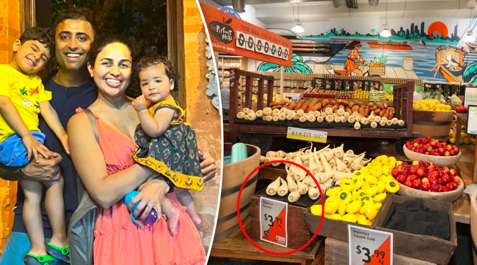 Karthika Vijaykumar with her family and vegetables at supermarket. Grocery bill savings.