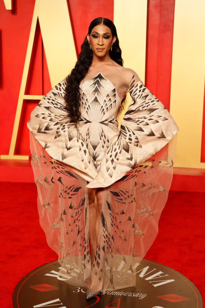 Person on red carpet in a sheer, patterned gown with a cape-like design