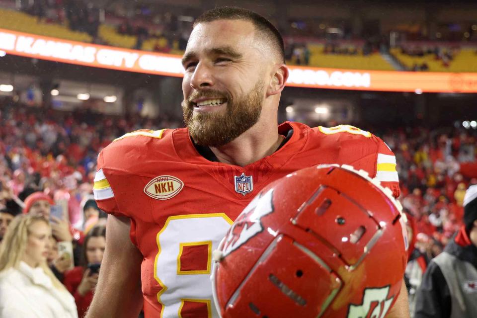 <p>Jamie Squire/Getty</p> Travis Kelce at Chiefs-Eagles Rematch on Nov. 20, 2023.