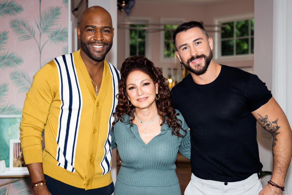 Karamo Brown (left) with Gloria Estefan (center) and boyfriend Carlos Medel (right).  (Aysia Marotta / Red Table Talk)