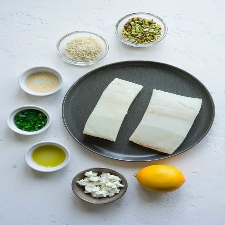 Ingredients for pistachio-crusted halibut.