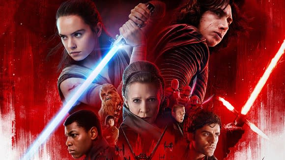 Star Wars: The Last Jedi poster, featuring Rey, Kylo Ren, Leia, Finn, Poe, and other characters.