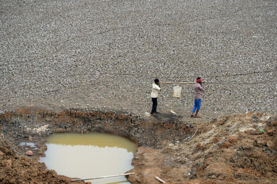Indian workers carry the last bit of water from a small pond on the outskirts of Chennai during Tamil Nadu’s worst drought in 2019 (AFP/Getty)
