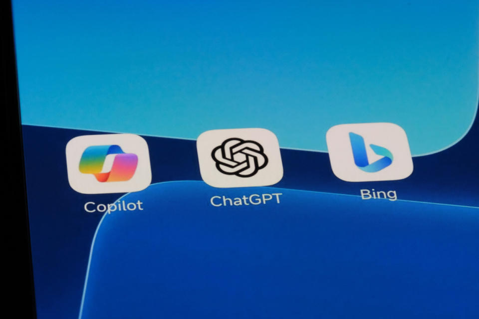 Microsoft Copilot, OpenAI ChatGPT and Microsoft Bing app icons.