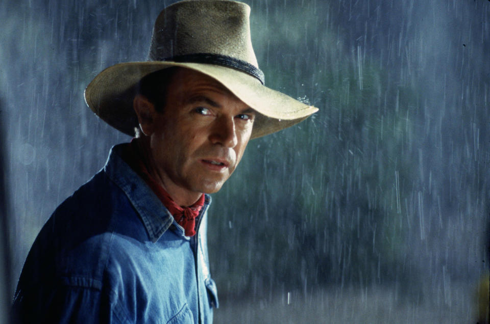 Sam Neill wearing a hat while it's raining in Jurassic Park
