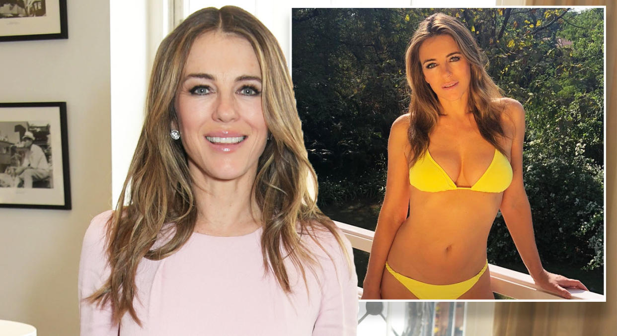 Liz Hurley posted a bikini selfie to mark the launch of her line’s new bikini. [Photo: Getty/Instagram]