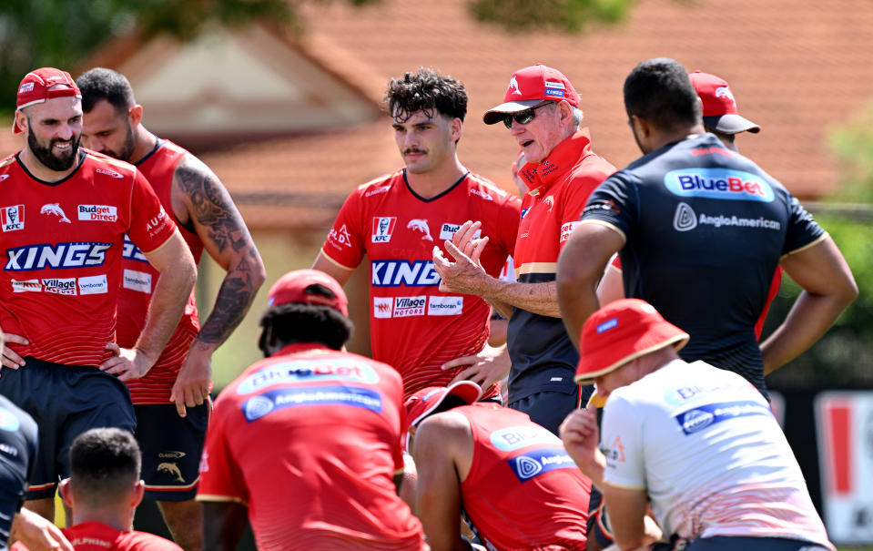 BRISBANE, AUSTRALIA - MARCH 07: Coach Wayne Bennett talks to the players during a Dolphins NRL training session at Kayo Stadium on March 07, 2024 in Brisbane, Australia. (Photo by Bradley Kanaris/Getty Images)