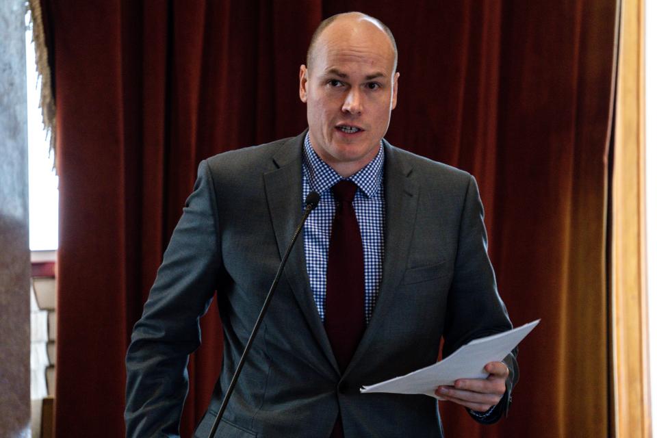 Iowa Rep. JD Scholten, D-Sioux City, speaks during debate on HF565 in the Iowa House on Wednesday, March 22, 2023, at the Iowa State Capitol in Des Moines, Iowa.