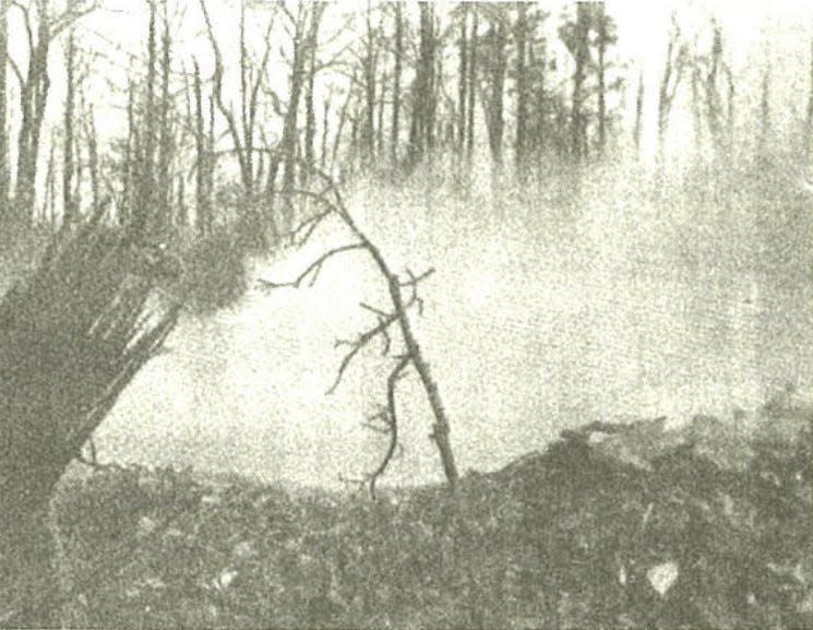 A photo in The Dispatch shows a smoldering hole were a B-52 bomber crashed in 1961 in Davidson County near Denton.