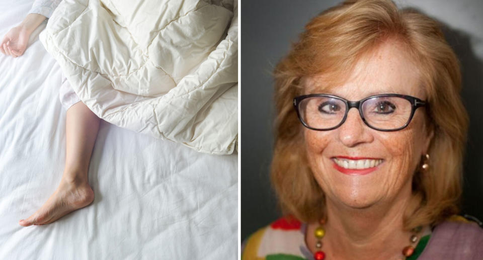 A stock image of a sleeping person with their leg sticking out from under a doona is seen on the left. On the right is Delwyn Barlett who said the cause of sleep paralysis was not yet known. 