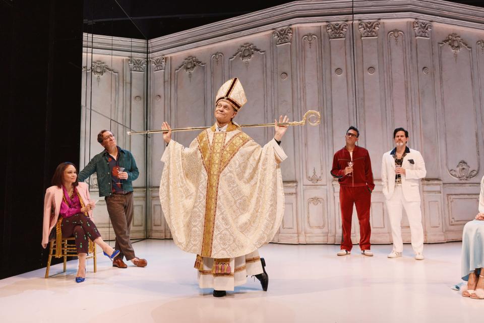 David Hyde Pierce, center, plays a bishop trying to figure out another line of work in the musical “Here We Are.”