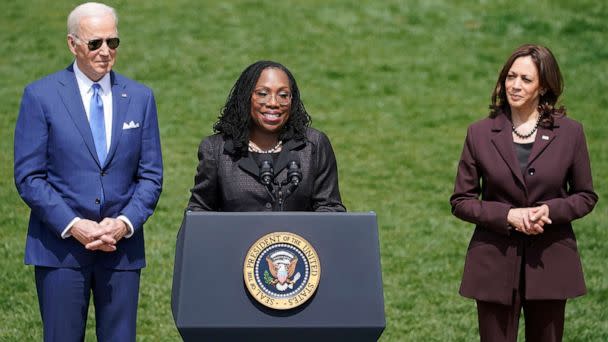 PHOTO: Judge Ketanji Brown Jackson, center, speaks during a ceremony on the South Lawn of the White House in Washington, April 8, 2022. (Bloomberg via Getty Images, FILE)