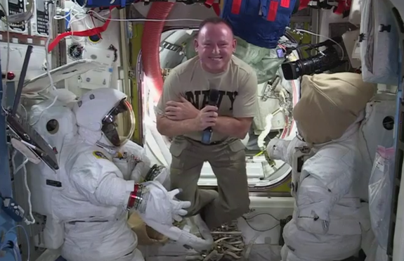 NASA astronaut Barry "Butch" Wilmore floats inside the International Space Station during a media interview on Oct. 29, 2014.