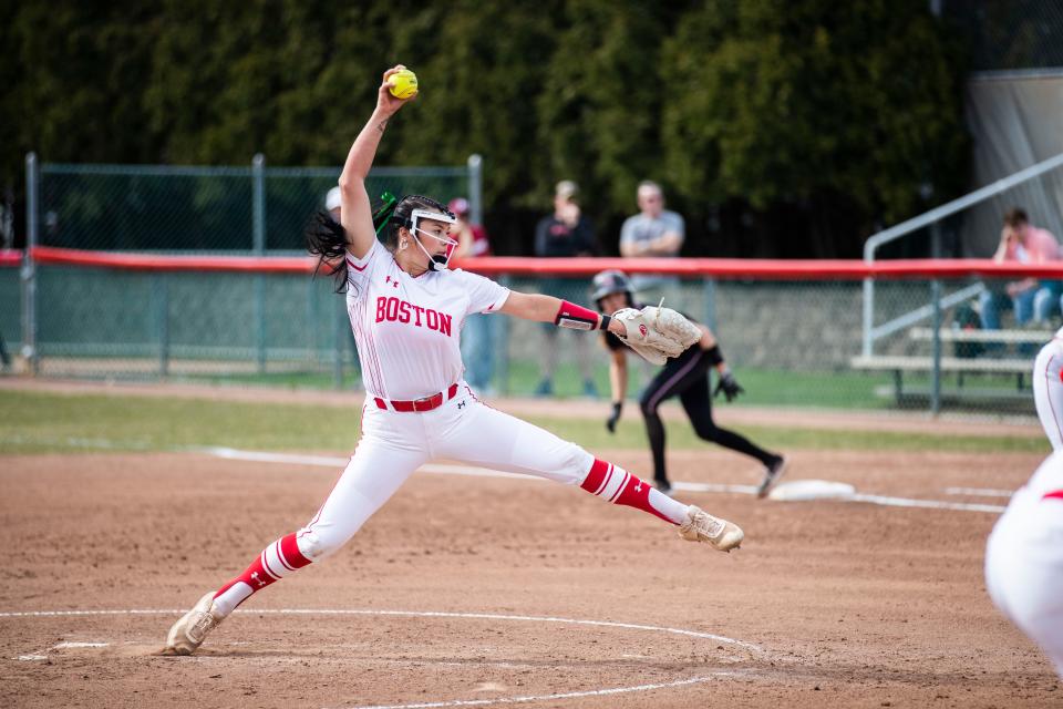 Littleton's Kasey Ricard delivers from the circle for Boston University.