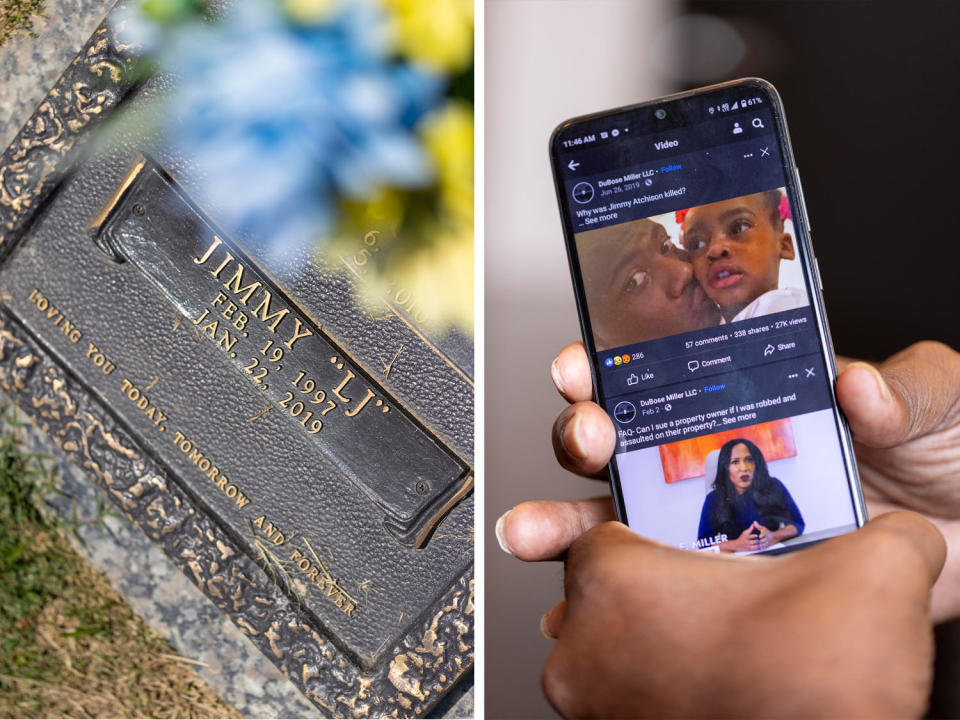 Side by side of Jimmy Atchison's grave and his father holding a photo on his phone of Jimmy as a child. (Alyssa Pointer for NBC News)