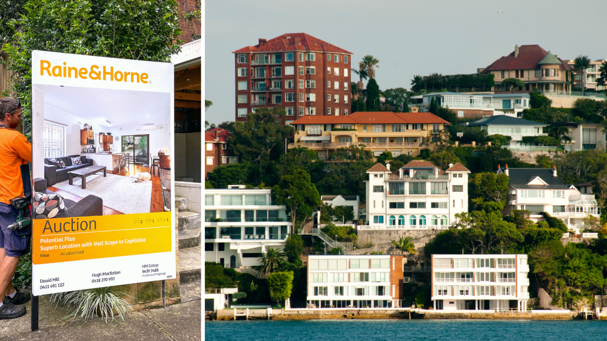 A composite image of a sign out the front of a property that indicated it is for sale and rows of apartment blocks and houses on the Australian coast line to represent people taking on mortgages.