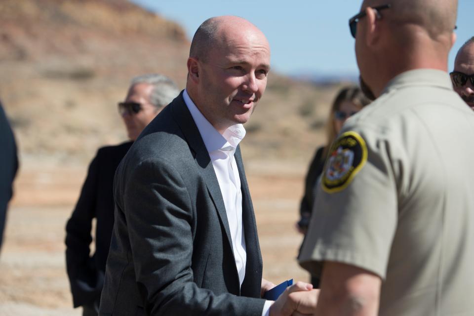 Governor Spencer Cox and other local officials break ground at what will be the new Washington County Receiving Center Friday, March 18, 2022. The center will serve residents seeking mental health, substance, or situational help. 