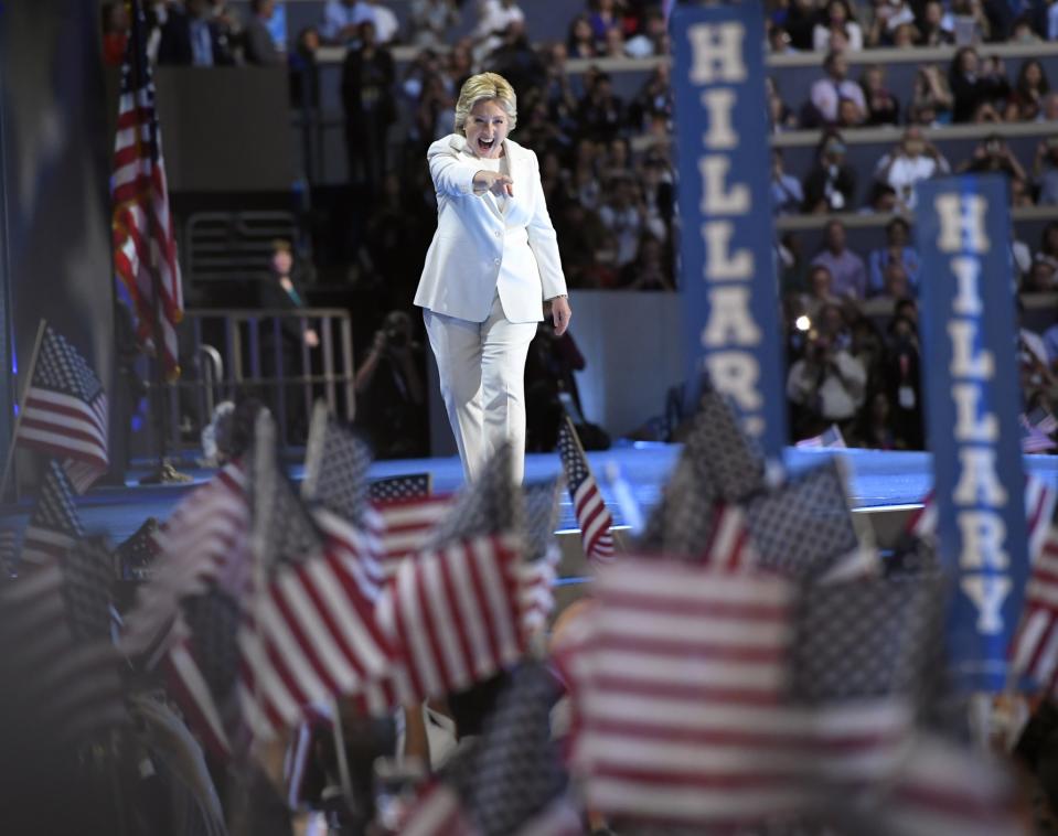 Presidential nominee Hillary Clinton takes the stage during the final day of the Democratic National Convention, July 28. (AP Photo/Mark J. Terrill)
