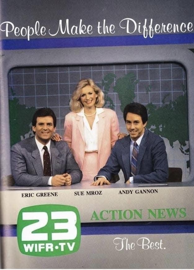 WIFR-TV news anchor Andy Gannon is shown in this undated photo with former WIFR news anchor Eric Greene and former WIFR meteorologist Sue Mroz.