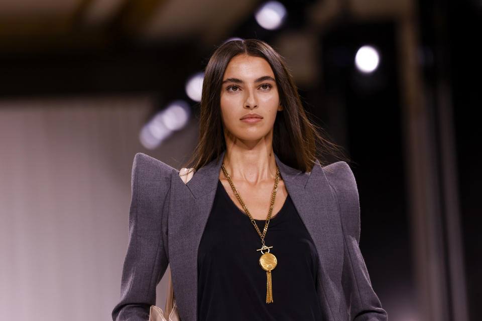 A model wears a creation as part of the Balmain Spring/Summer 2025 collection presented Wednesday, Sept. 25, 2024, in Paris. (Photo by Vianney Le Caer/Invision/AP)