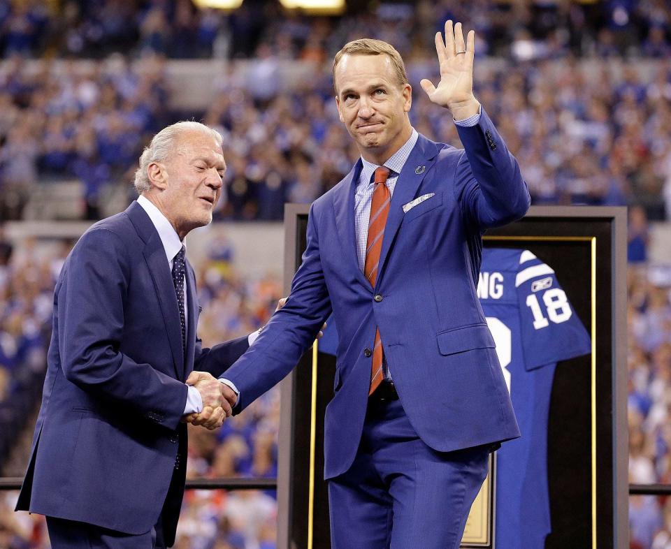 Former Colts quarterback Peyton Manning and team owner Jim Irsay during the halftime festivities of their game against the San Francisco 49ers at Lucas Oil Stadium, Oct 8, 2017.