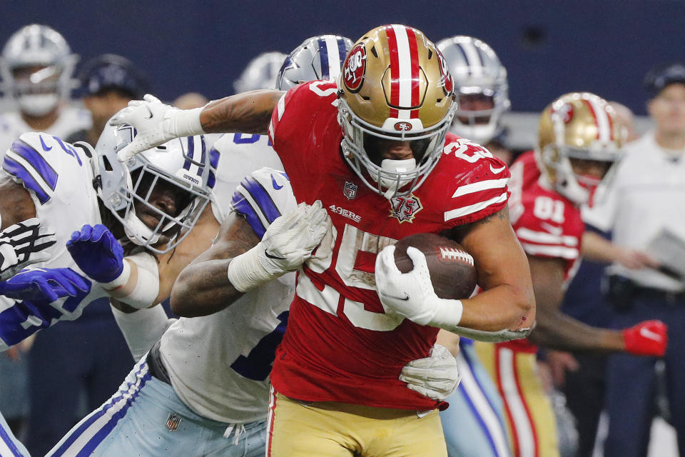 Eli Mitchell and the 49ers had a big day in a win over the Cowboys. (Photo by Richard Rodriguez/Getty Images)