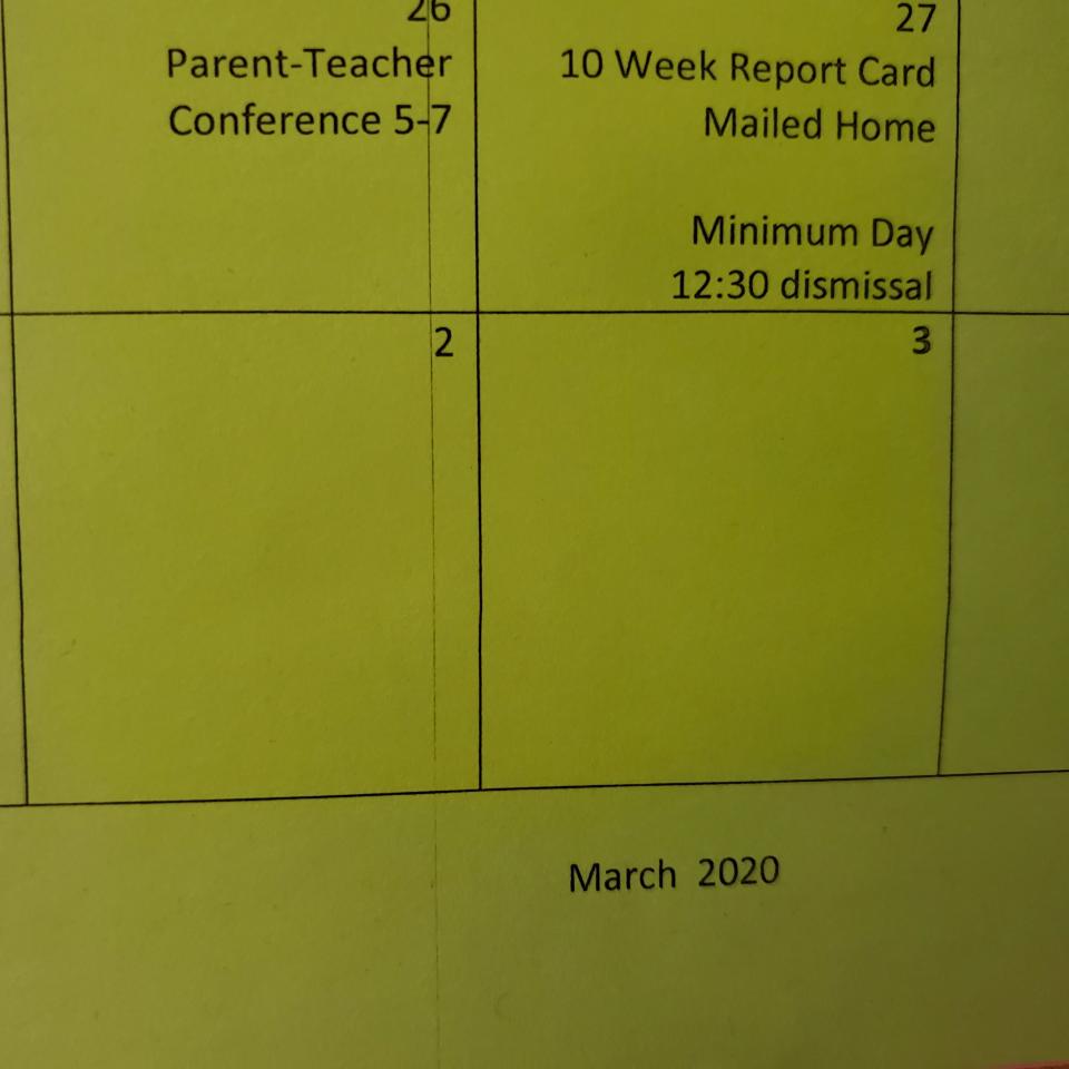 March 2020 calendar at Middle College High School in Los Angeles on April 26, 2021.