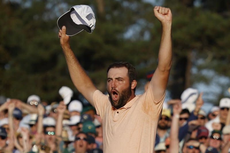 Scottie Scheffler celebrates after winning the Masters Tournament on Sunday at Augusta National Golf Club in Augusta, Ga. Photo by John Angelillo/UPI