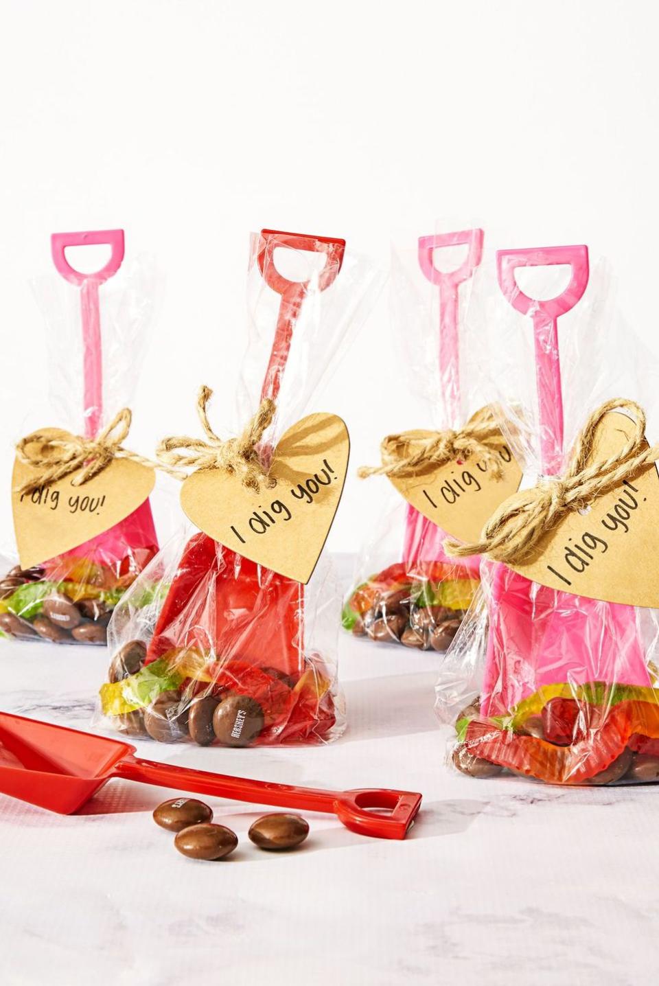 <p>All you need to make these thoughtful Valentines are some mini toy shovels and your favorite nature-themed candy like dirt-brown M&Ms and gummy worms. </p><p><strong><em>Get the tutorial at <a href="https://www.goodhousekeeping.com/holidays/valentines-day-ideas/a36394/valentines-day-craft-goodie-bags/" rel="nofollow noopener" target="_blank" data-ylk="slk:Good Housekeeping;elm:context_link;itc:0;sec:content-canvas" class="link ">Good Housekeeping</a>. </em></strong></p>